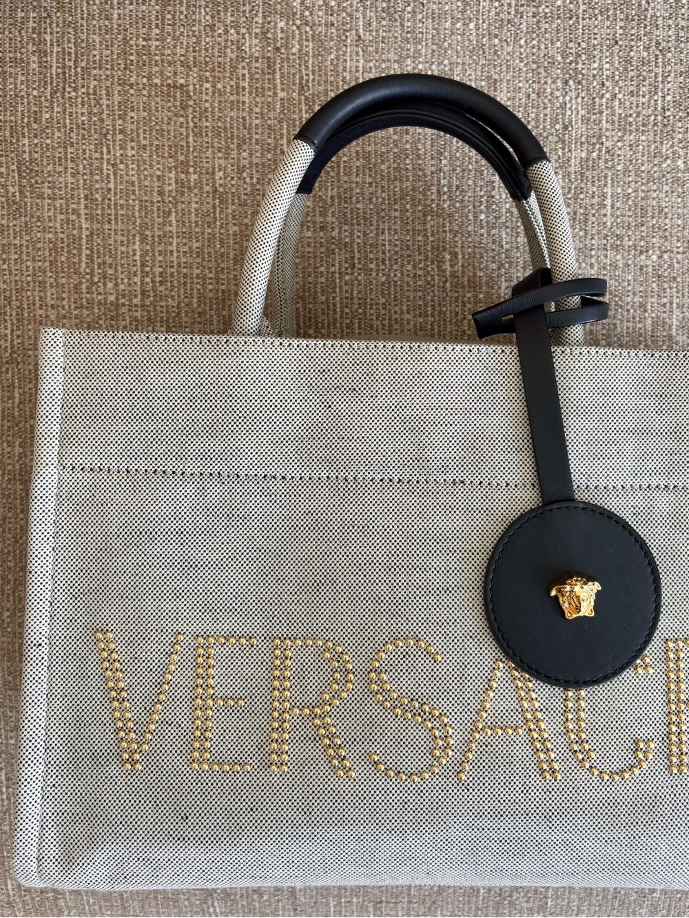 Versace Ecru Canvas Studded Logo Tote Bag NWT